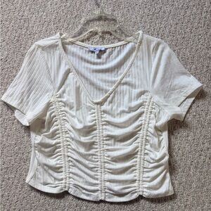 Cream Ruched V-Neck Short Sleeve Top